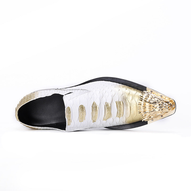 Golden pointed snake patterned leather graffiti dress shoes