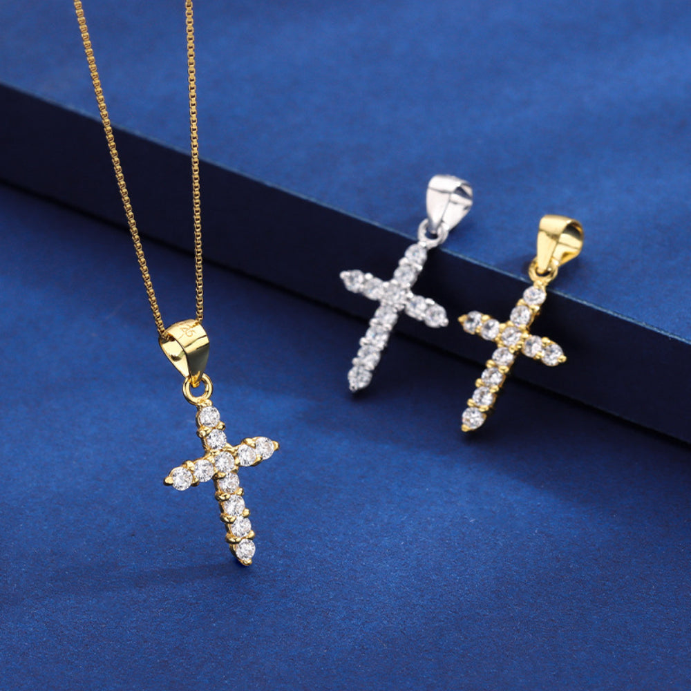 S925 Sterling Silver Fashion Gold Plated Diamond Cross Pendant