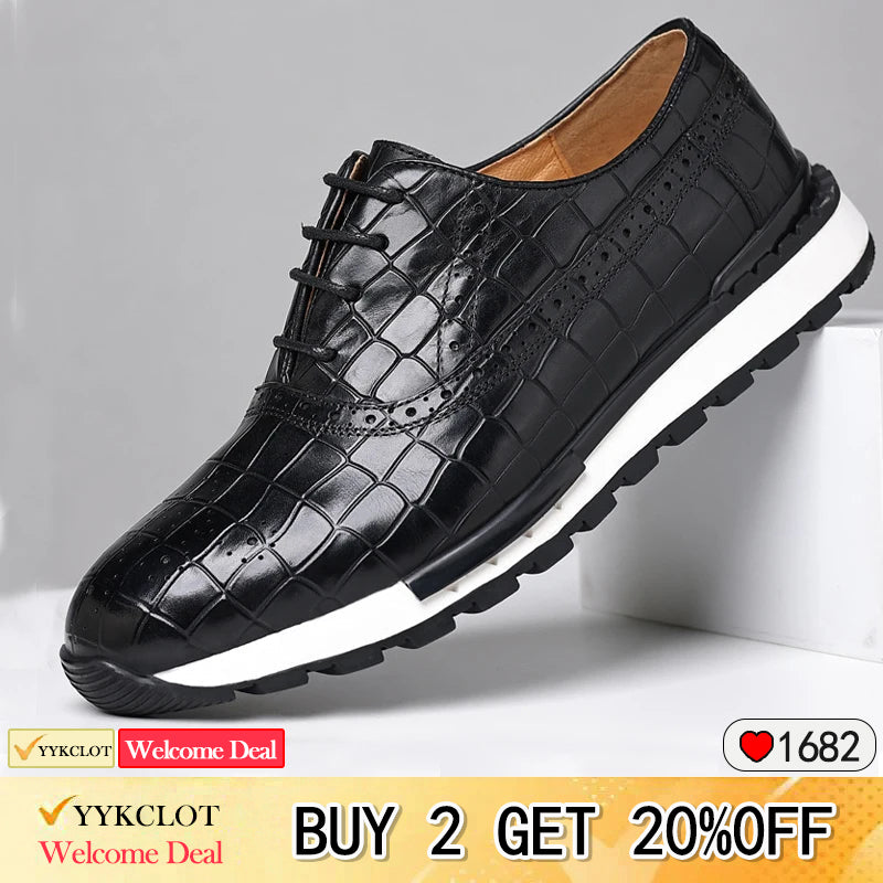 Scarpe da ginnastica casual in pelle marrone da uomo con stampa coccodrillo, modello Hugh
