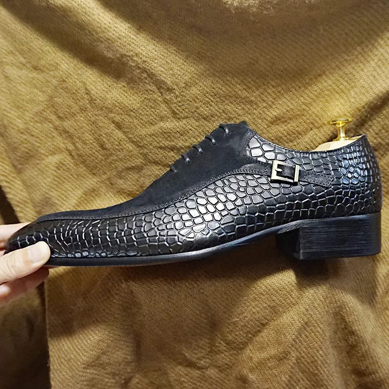 Luxury Men Oxford Shoes Lace up Split Toe Black Brown Men Dress Shoes Suede Patchwork Crocodile prints Leather Shoes Men