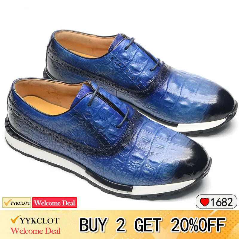 Scarpe da ginnastica casual in pelle marrone da uomo con stampa coccodrillo, modello Hugh