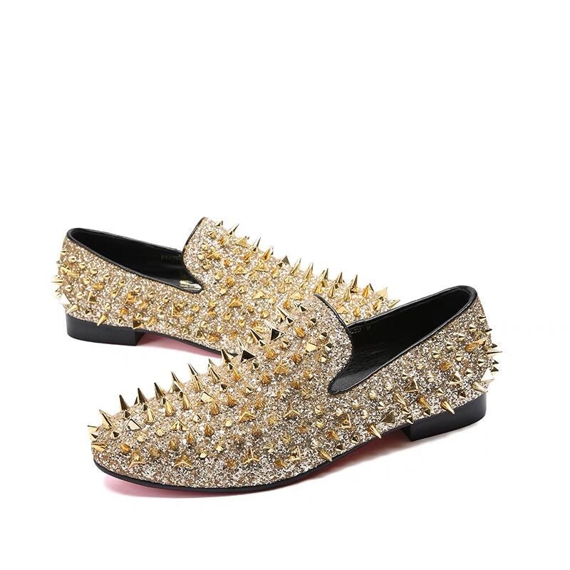 Luxury gold studded dress shoes Pointy glitter party shoes for men Party Banquet and Wedding shoes man loafers