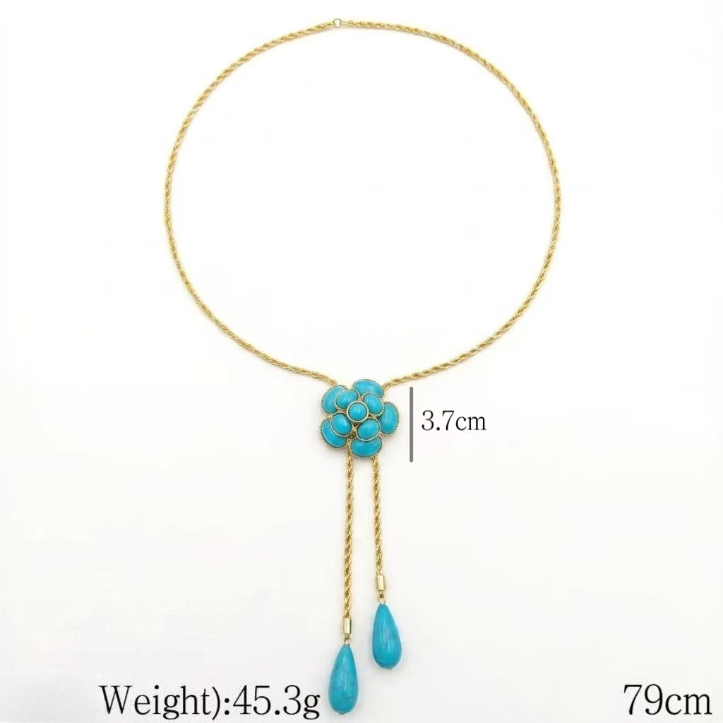 Qingdao medieval light luxury niche turquoise flower fringed set high sense workplace business versatile collarbone chain women
