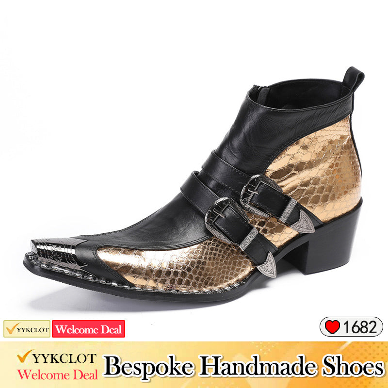 Gold sequined high-heeled ankle boots for men party boots