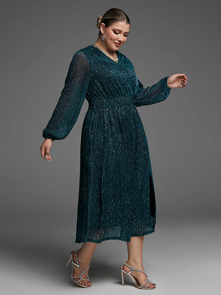 Fashionable pocket elastic waist slit sequin dress