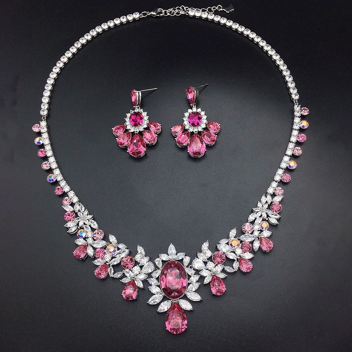 Elegant Floral Multicolor Crystal Necklace and Earrings Jewelry Set