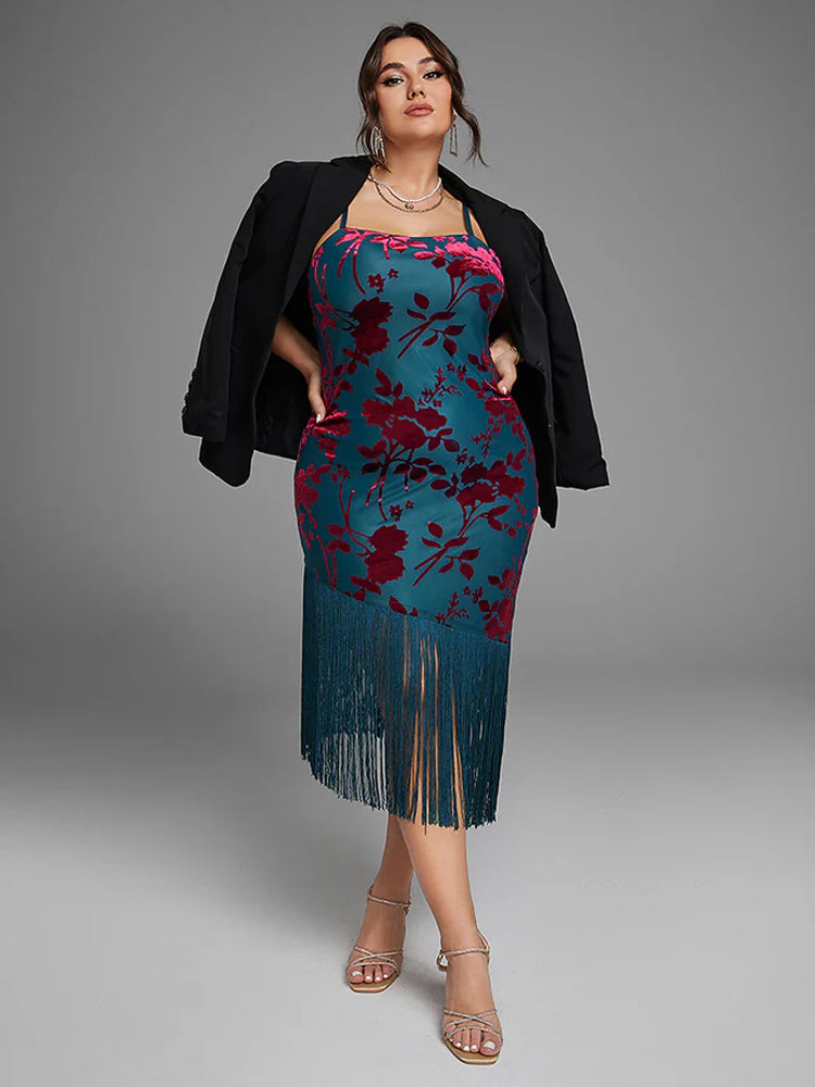 Fashionable star printed fringe trimmed velvet vest dress