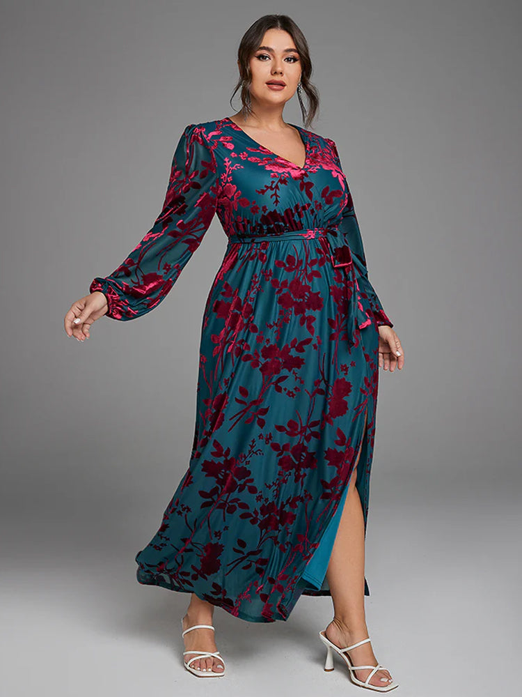 Fashionable printed velvet dress with pocket wrapping