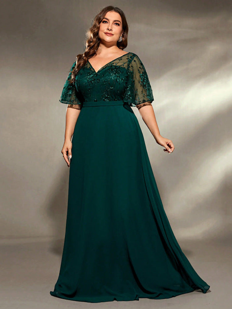 Green plus lace embroidered V-neck dress