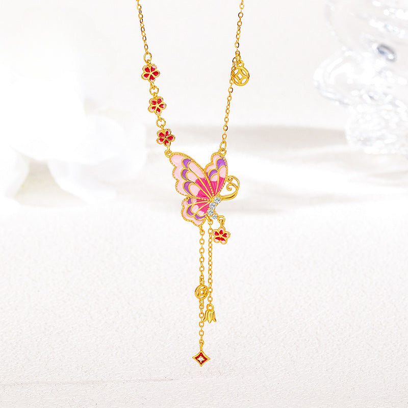 S925 sterling silver fringed enamel pink butterfly necklace