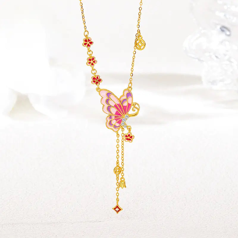 Collier papillon rose en émail et argent sterling S925 avec franges