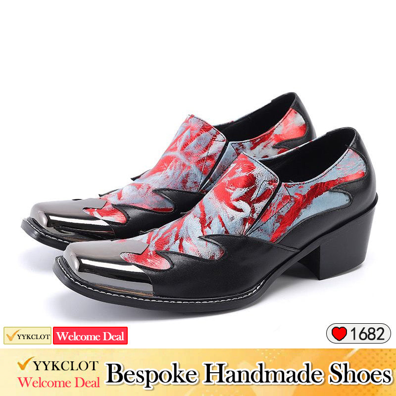 Scarpe eleganti da uomo con tacco alto e punta quadrata, cuciture nere