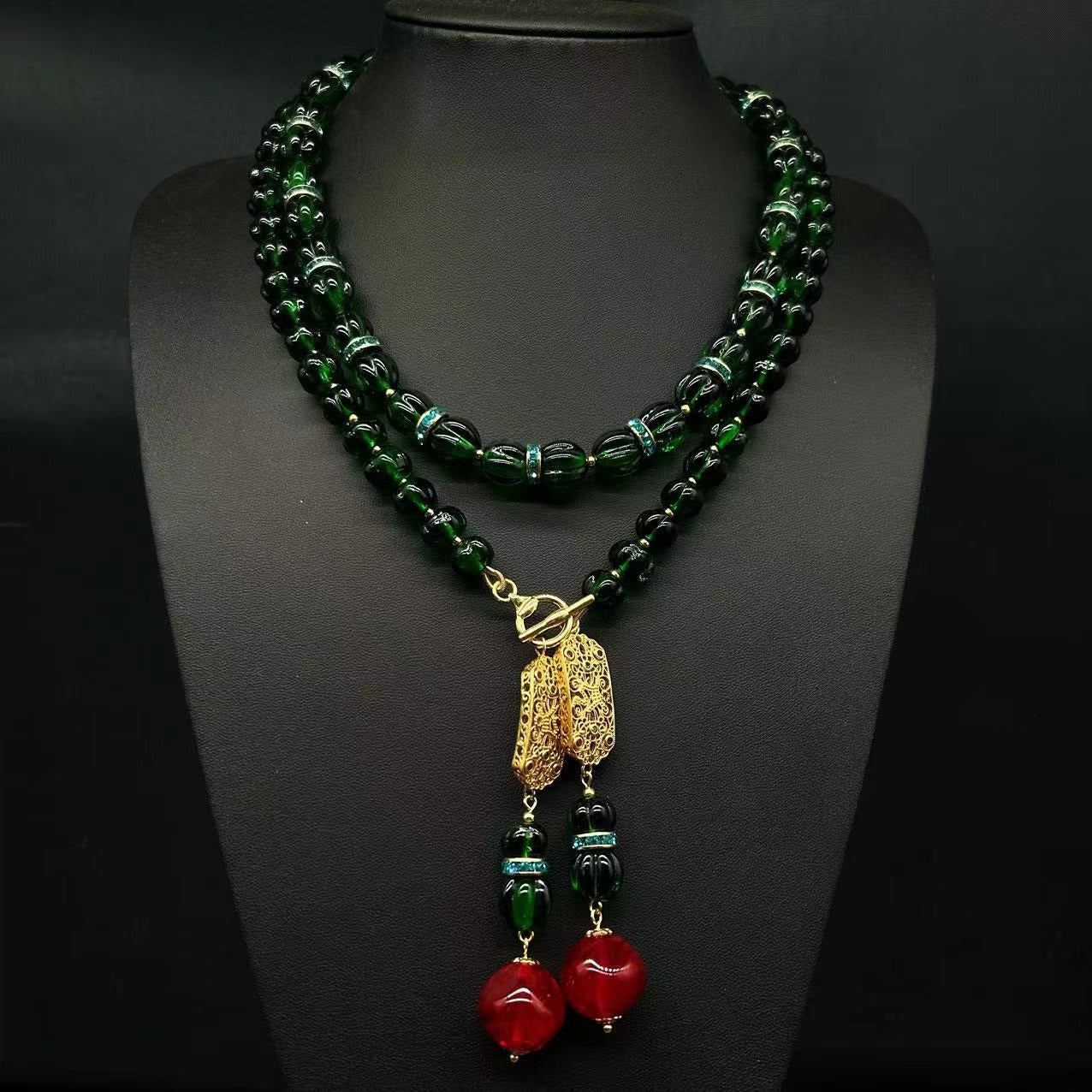 New Chinese retro glazed pumpkin beads emerald, double stacked fringed necklace