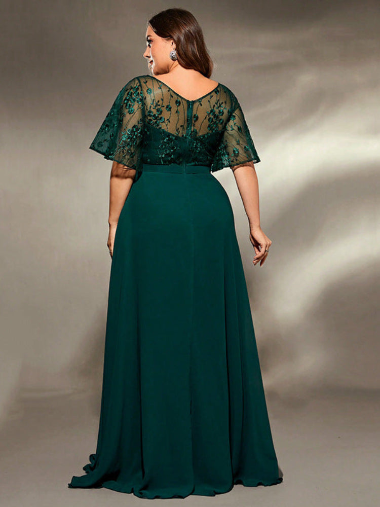 Green plus lace embroidered V-neck dress
