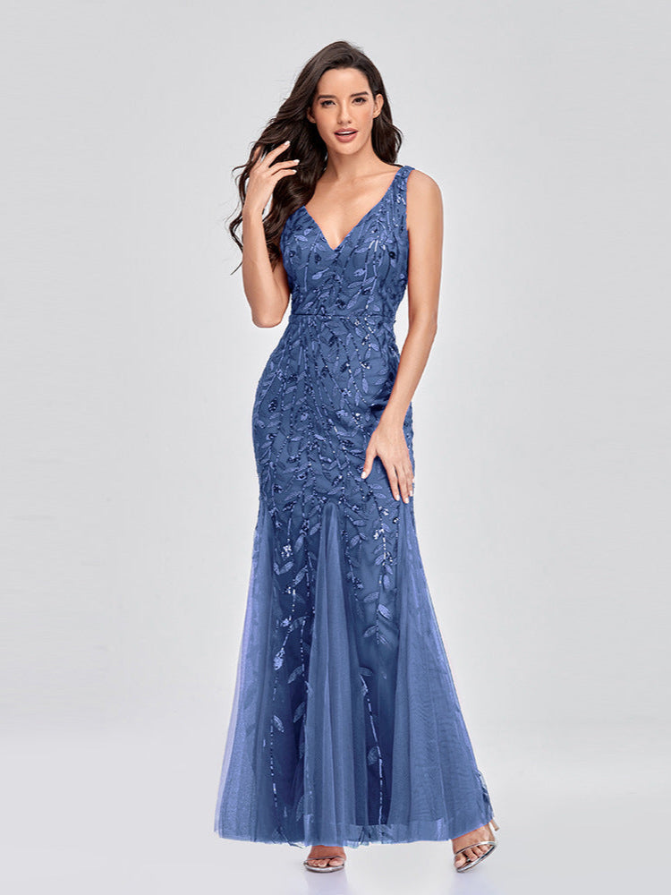 Sexy ärmelloses, besticktes Slim-Fit-Kleid mit V-Ausschnitt