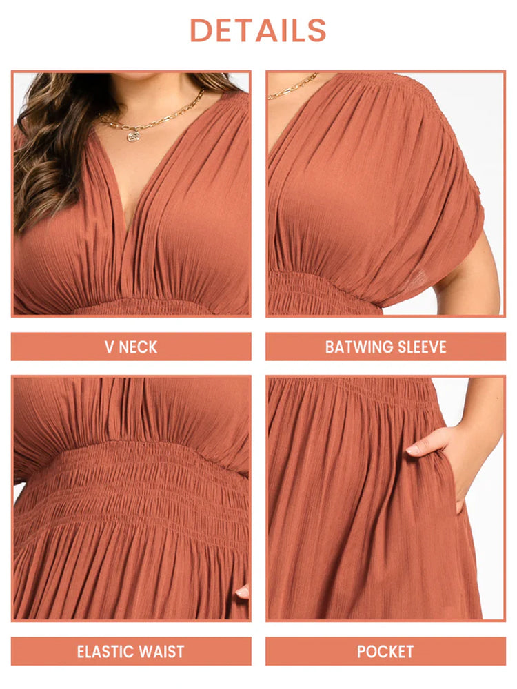 Fashionable V-neck batwing sleeve pocket pleated waist long skirt