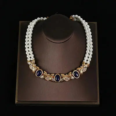 Collier Vintage Doré Double Abeille Cristal Vert Superposé