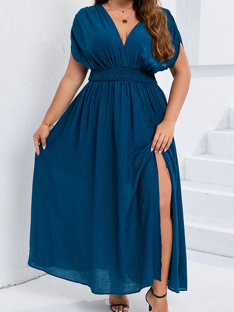 Fashionable V-Neck Dolman Sleeve Ruched Split Pocket Maxi Dress