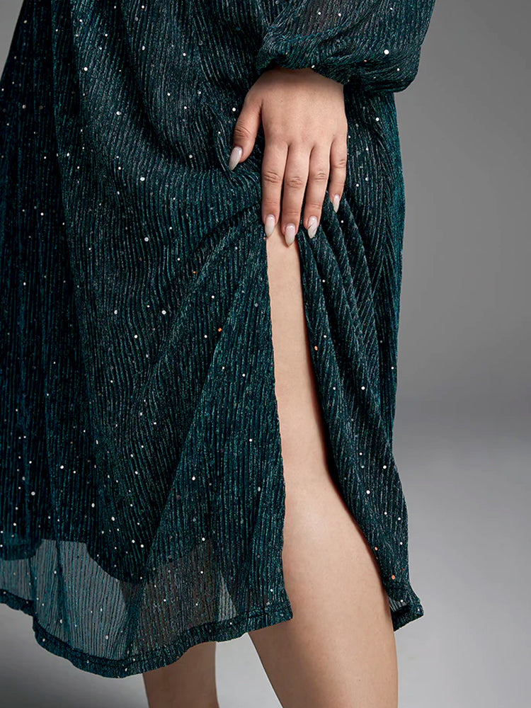 Fashionable pocket elastic waist slit sequin dress