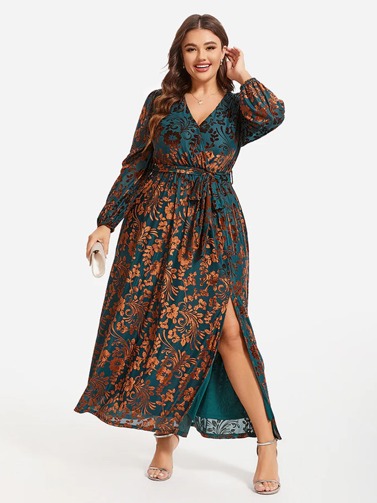 Fashionable printed waistband, split velvet, burnt out long skirt