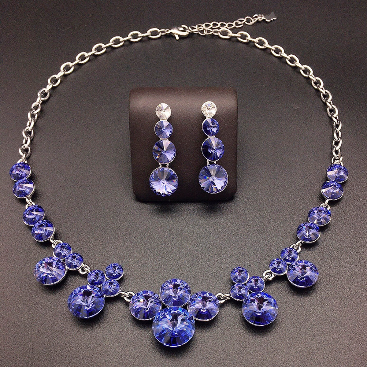 Luxury Blue Round Crystal Necklace and Earrings Jewelry Set