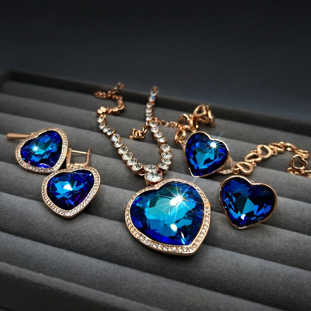 Stylish Blue Classic Heart of the Ocean Austrian Crystal Necklace Set Four-piece Set