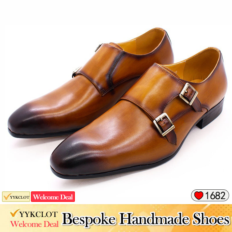 Brown Leather Buckle Men's Loafers Pointed Handmade Leather Shoes