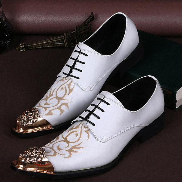 White leather printed dress shoes Men's derby shoes for men,Office, Party, Banquet, Wedding,brogue shoes,genuine leather Plus Size Oxford shoe man