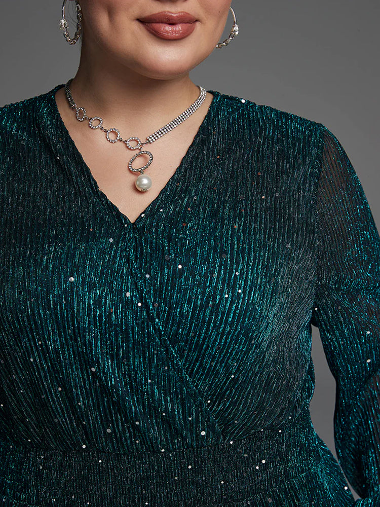 Fashionable pocket elastic waist slit sequin dress