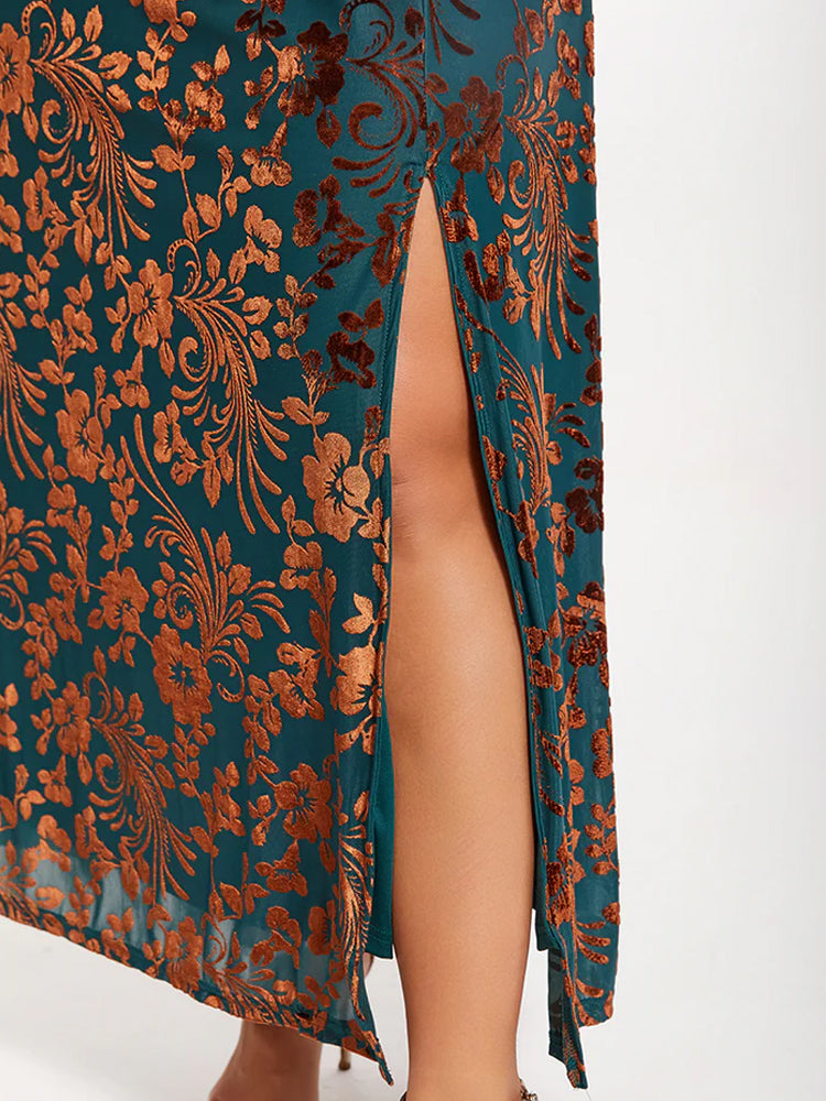 Fashionable printed waistband, split velvet, burnt out long skirt