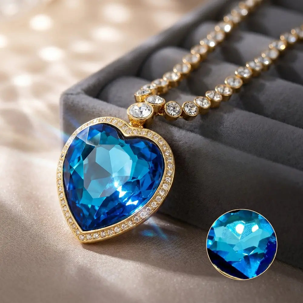 Ensemble de collier élégant en cristal autrichien « Cœur de l'Océan » bleu classique, ensemble de quatre pièces