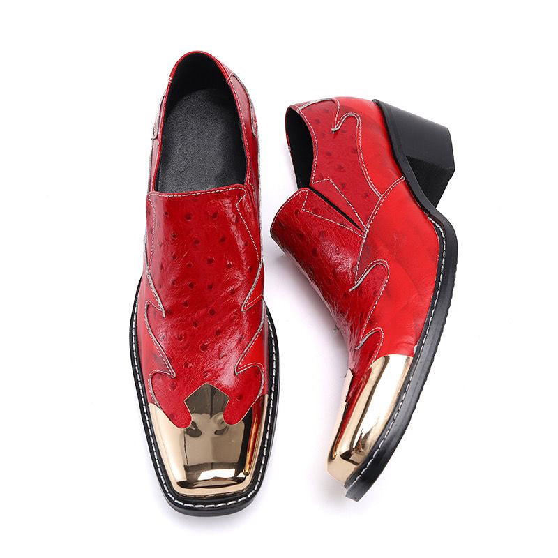 Red square-headed high-heeled men's dress shoes