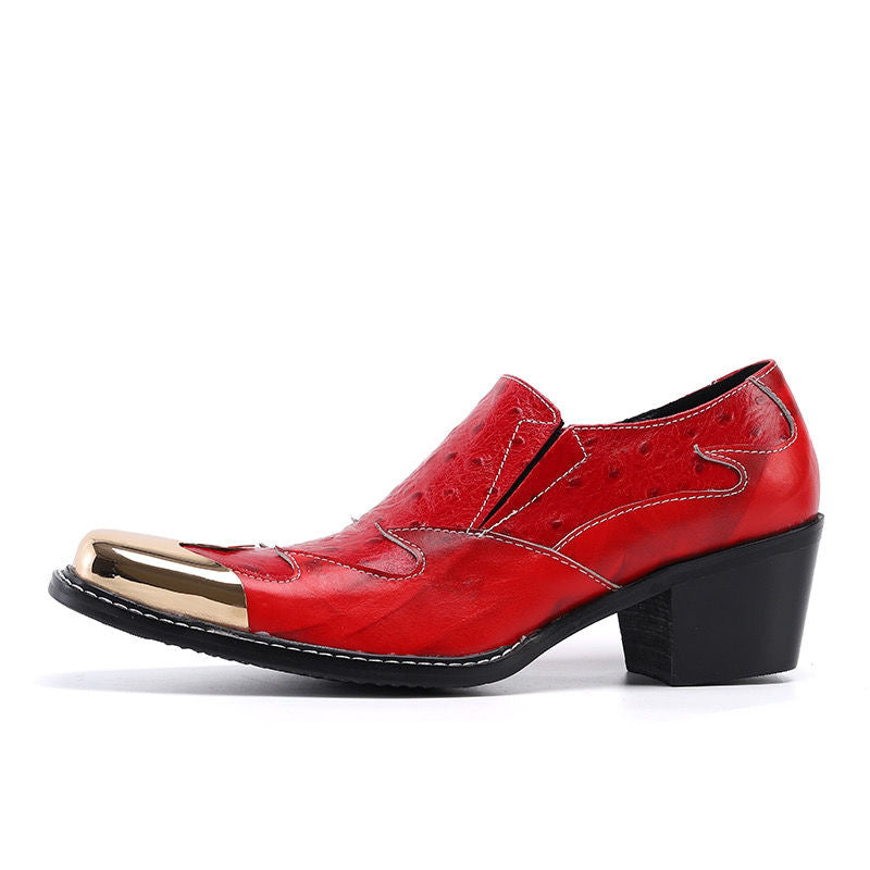 Red square-headed high-heeled men's dress shoes