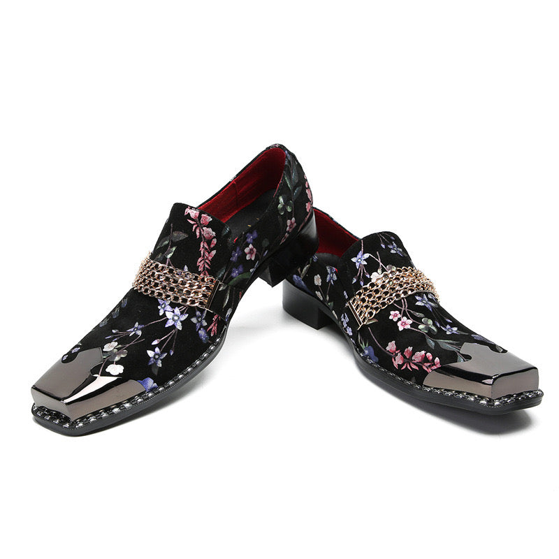 Black printed sheepskin pointed men's dress shoes