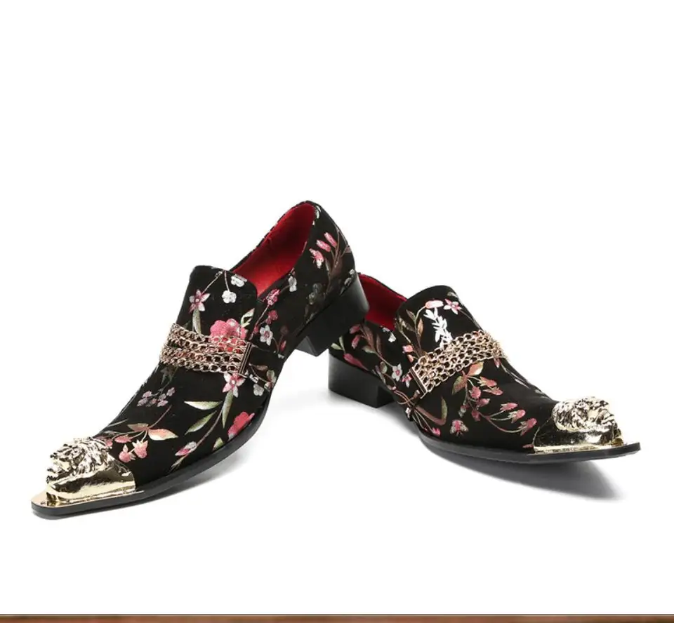 Black printed sheepskin pointed men's dress shoes