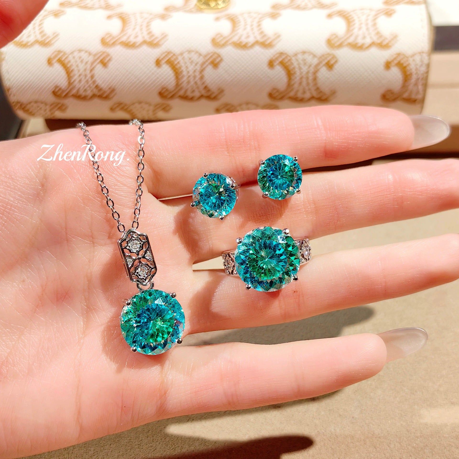 Parure de bijoux de luxe en cristal bleu-vert – Collier, boucles d'oreilles et bague pour femme