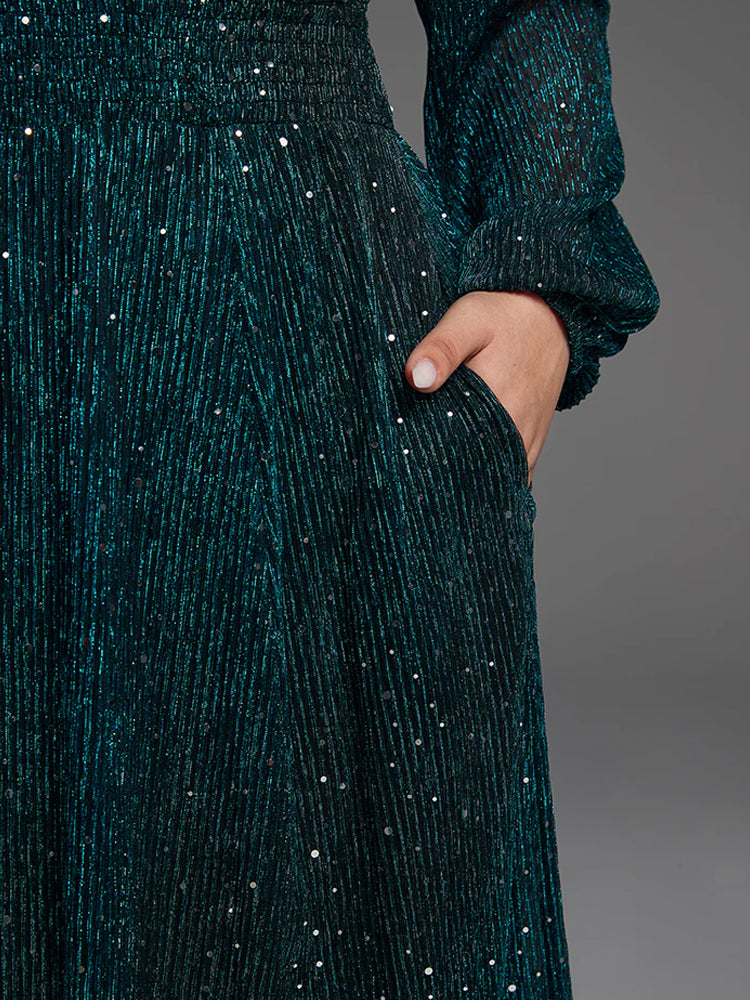 Fashionable pocket elastic waist slit sequin dress