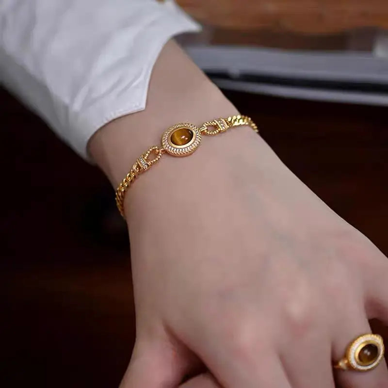 Bracelet rétro en argent sterling S925 Œil de tigre