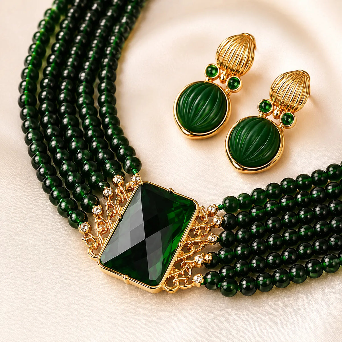 Parure de bijoux élégante en cristal vert et perles, pour tenue de soirée