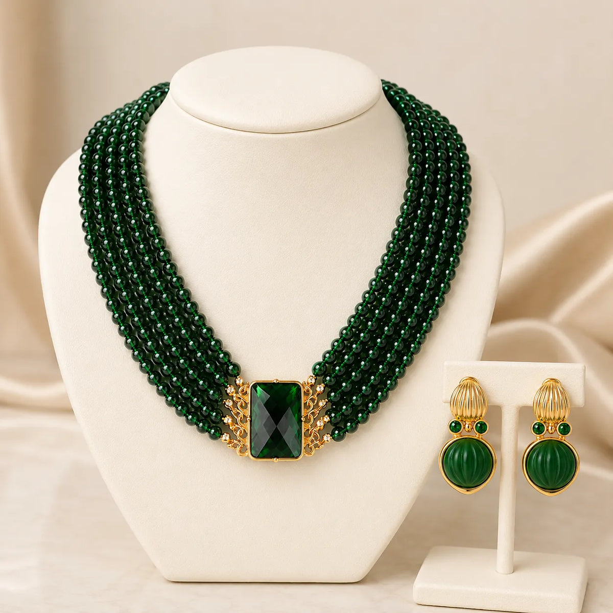 Parure de bijoux élégante en cristal vert et perles, pour tenue de soirée