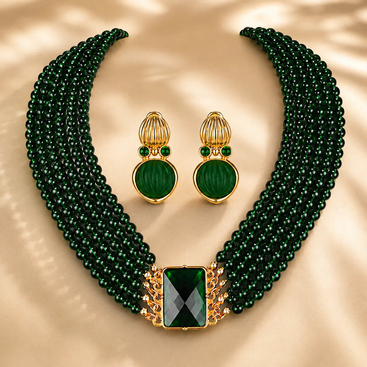 Parure de bijoux élégante en cristal vert et perles, pour tenue de soirée
