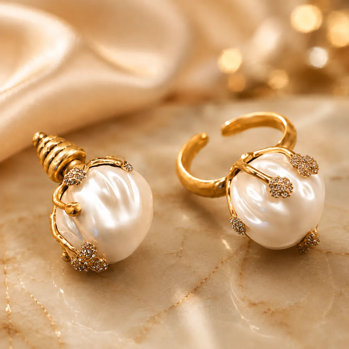 Ensemble Bague et Boucles d'Oreilles Fleur Perle de Luxe pour Femme