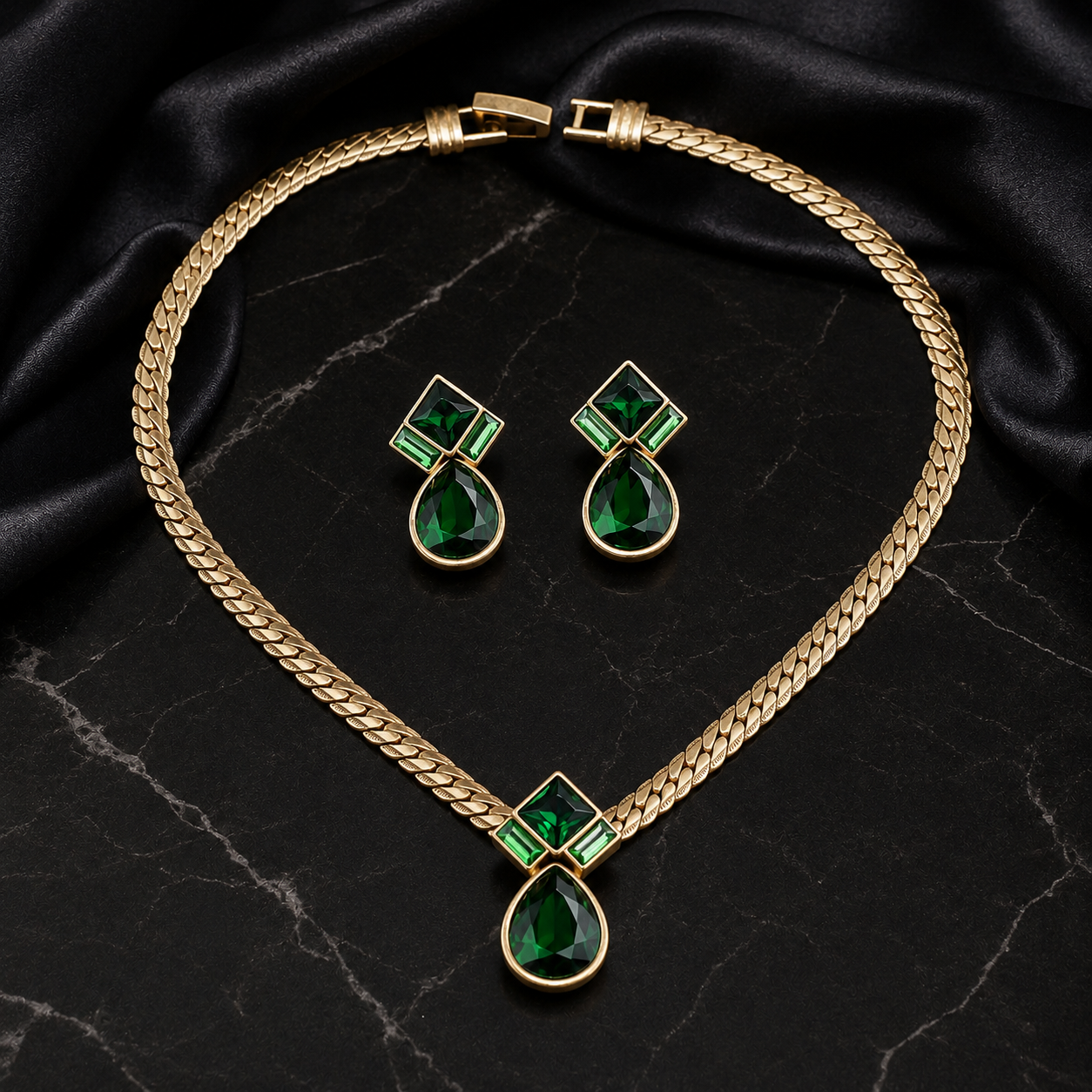 Parure Collier et Boucles d'Oreilles Goutte Émeraude de Luxe