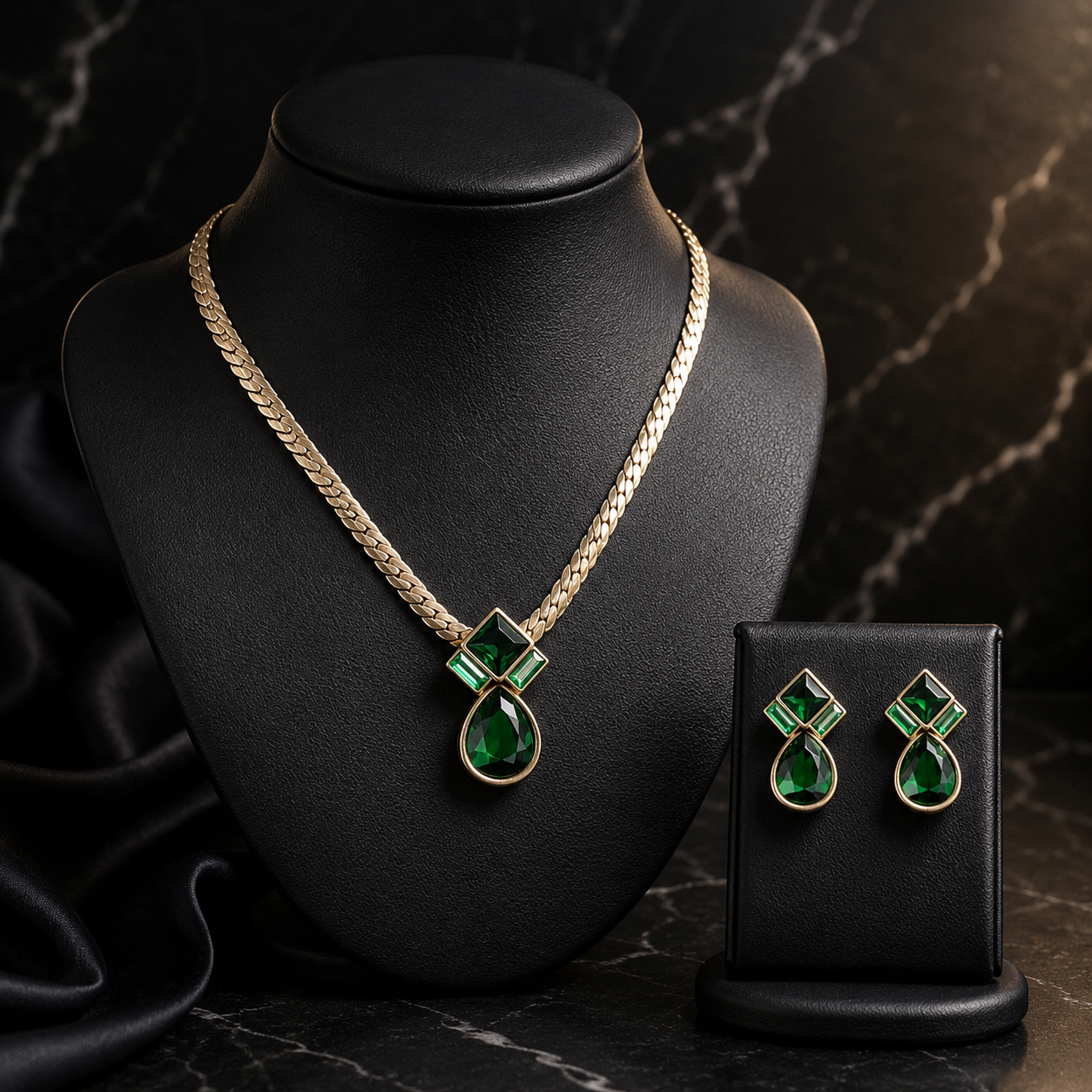 Parure Collier et Boucles d'Oreilles Goutte Émeraude de Luxe