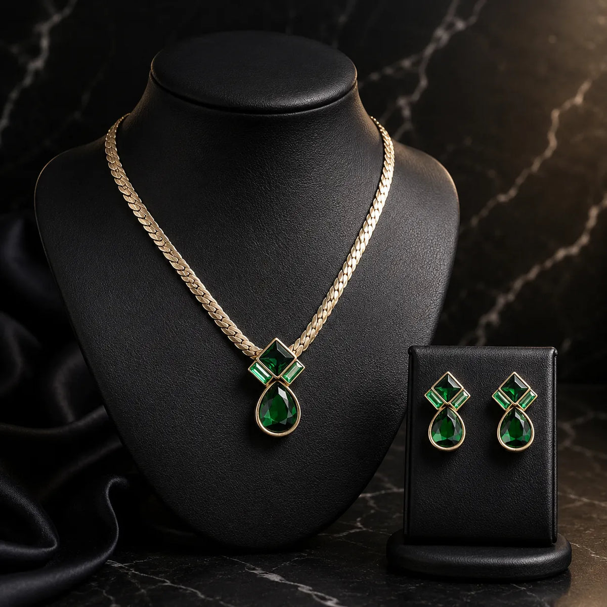 Parure Collier et Boucles d'Oreilles Goutte Émeraude de Luxe
