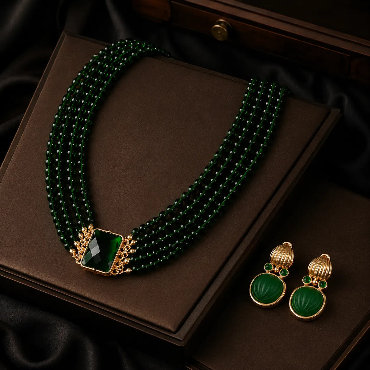 Parure de bijoux de luxe avec collier multi-rangs de perles vert émeraude et boucles d'oreilles