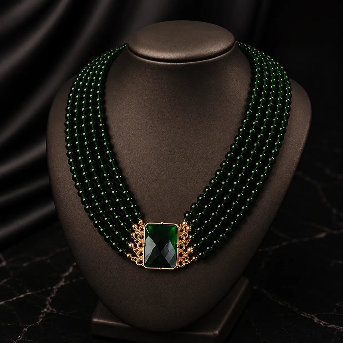 Parure de bijoux de luxe avec collier multi-rangs de perles vert émeraude et boucles d'oreilles