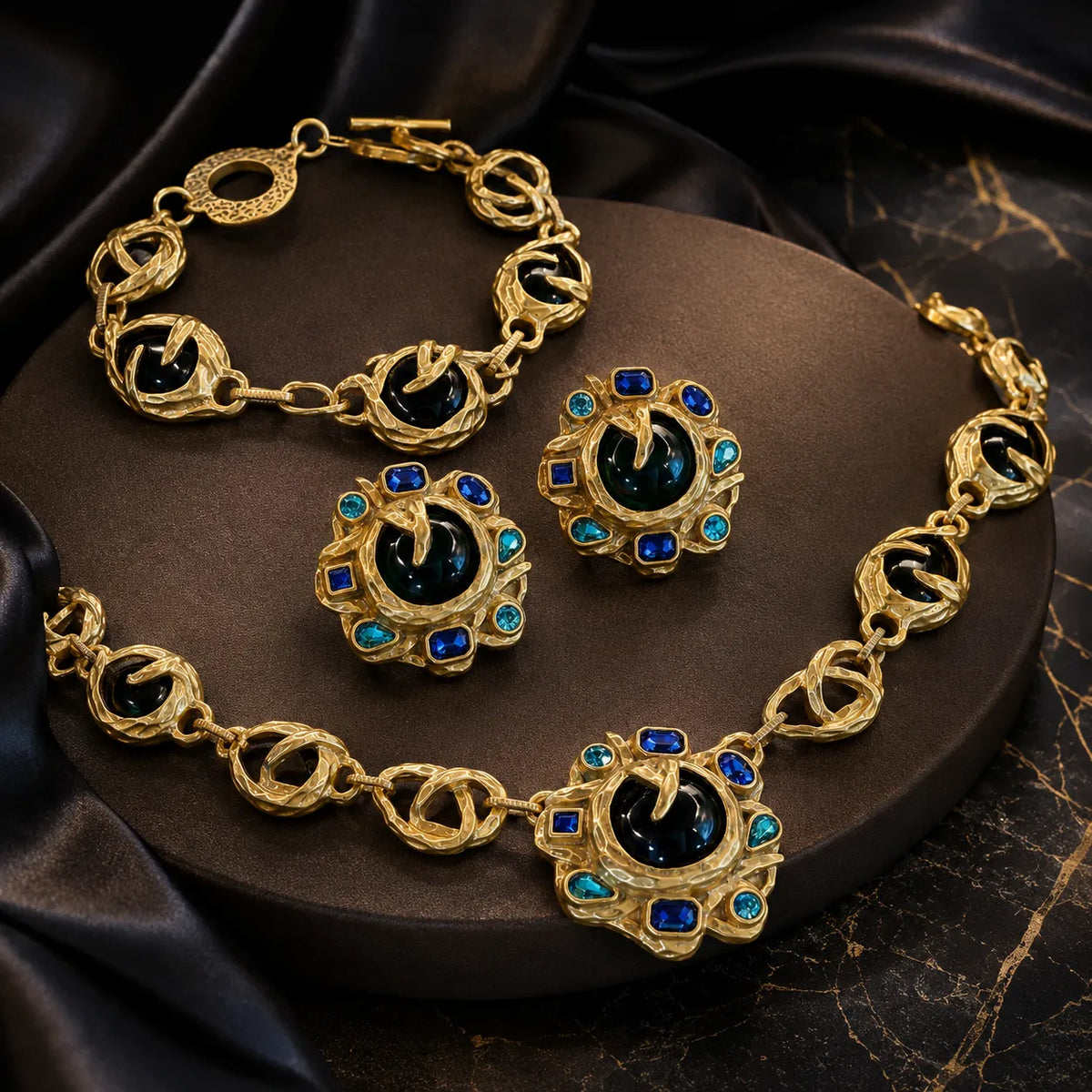 Parure Collier Boucles d'Oreilles Bracelet en Cristal de Luxe Noir et Bleu