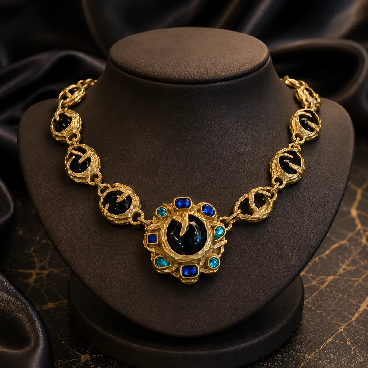 Parure Collier Boucles d'Oreilles Bracelet en Cristal de Luxe Noir et Bleu