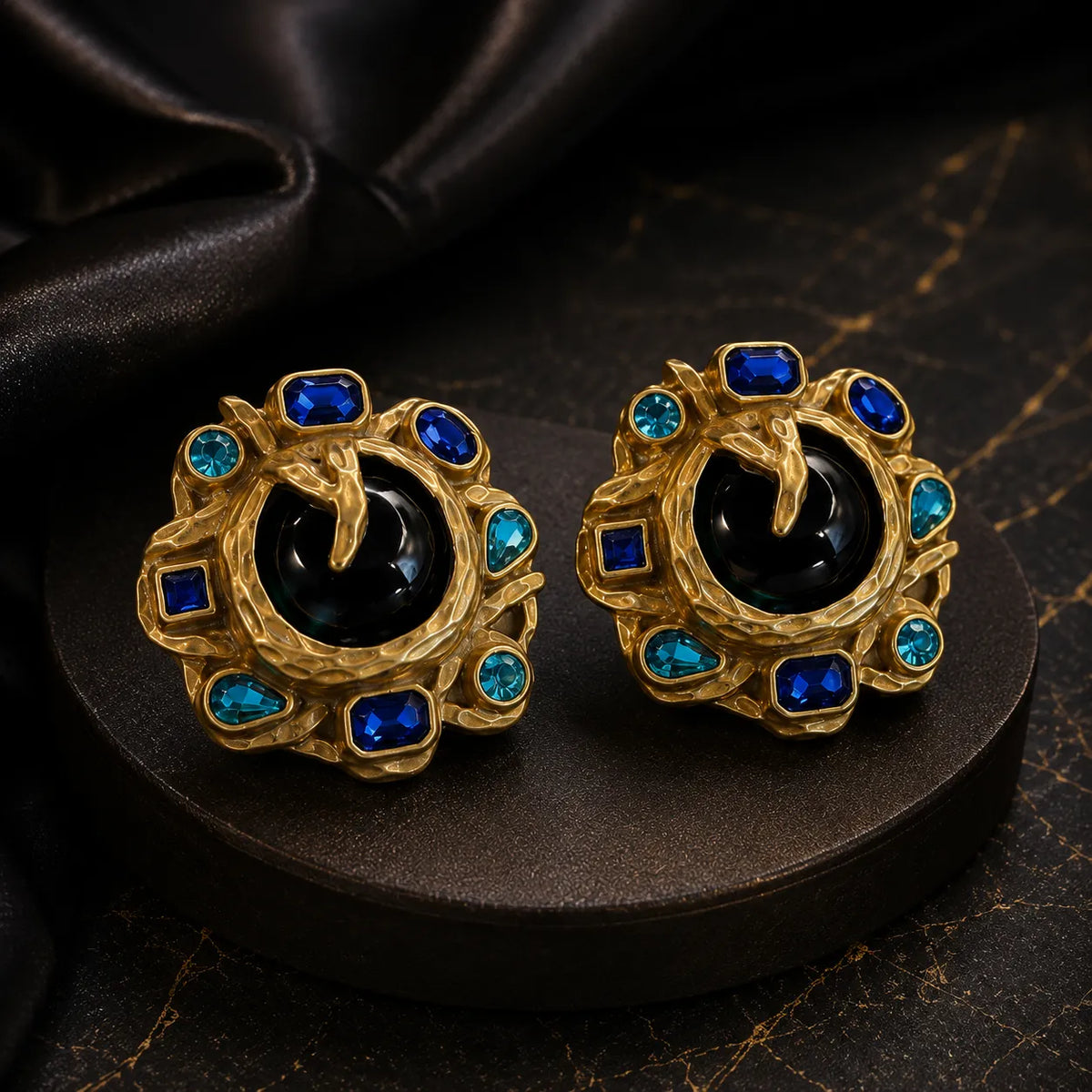 Parure Collier Boucles d'Oreilles Bracelet en Cristal de Luxe Noir et Bleu